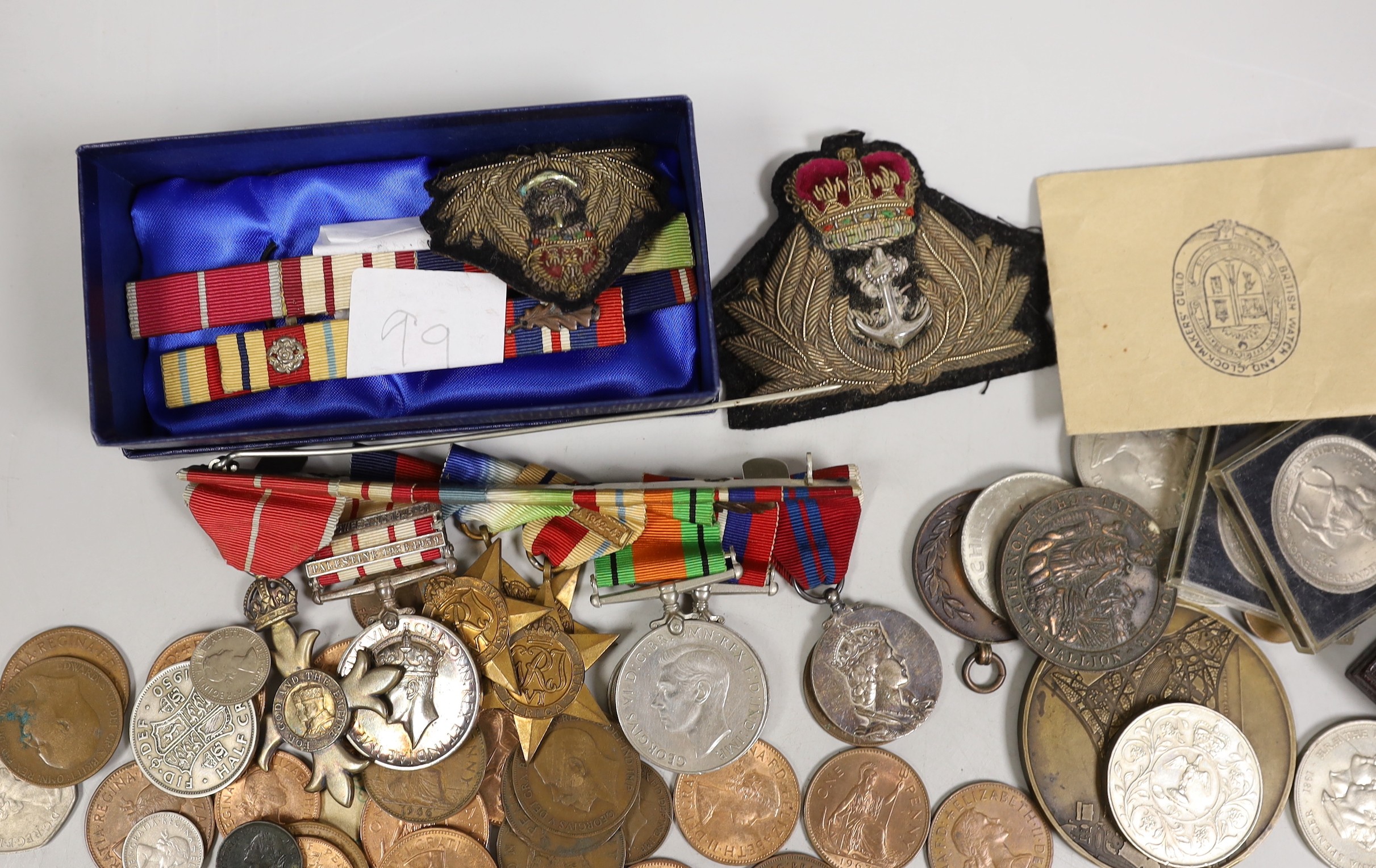 A WW2 to QEII M.B.E. group of eight medals to Lt. Cdr. F. S. Walford R.N., including naval general service medal with Minesweeping 1945-51 and Palestine 1956-1959 clasps , a cased Victoria Maundy coin set for 1880, an Ex